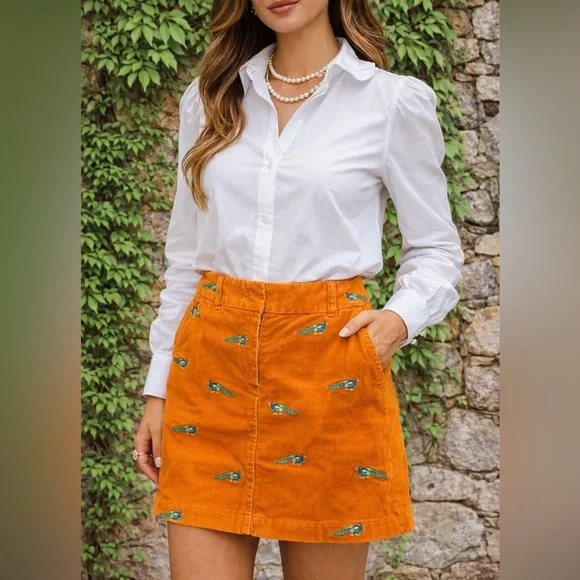 J. CREW Orange Peacock Embroidered Corduroy Miniskirt, 4 - Picture 2 of 9